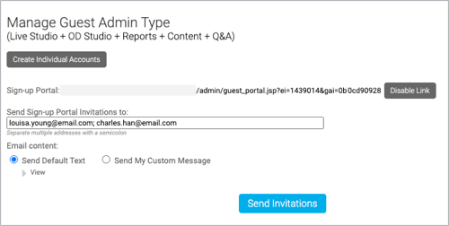 Manage guest admin type- example guest presenter emails in invite field