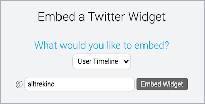Embed a Twitter Widget window shows User Timeline selected and Twitter handle entered in the username field