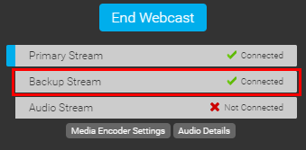 Encoder streams section shows video streams connected and backup stream circled