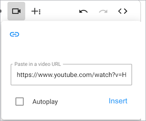 Insert Video window shows a video link in the Video URL field with Autoplay off