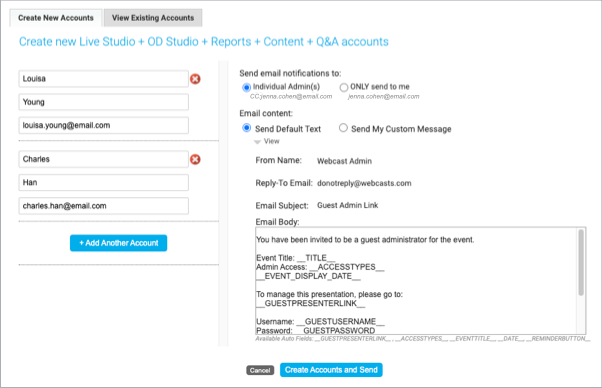 Create new guest admin account on left side, with invite template on right side