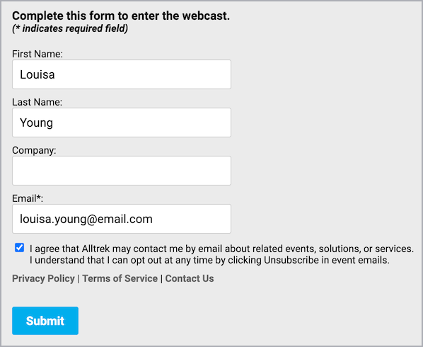 Registration form with privacy consent check box