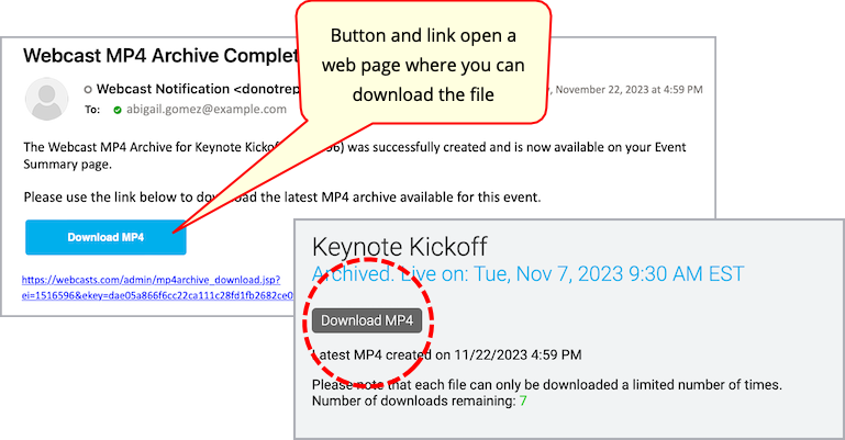 Archive Complete email with the Download MP4 button and the Download page with the Download MP4 button
