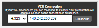 VCU Connection section shows the H.323 protocol selected and the VCU address entered