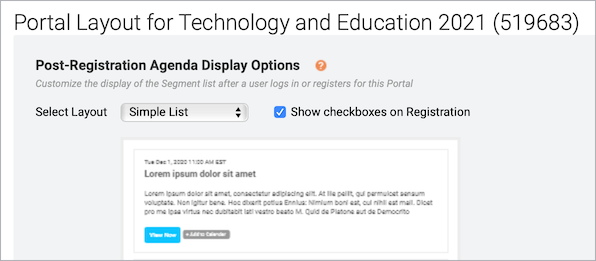 Post-Registration Agenda Display Options with Simple List and Show checkboxes on Registration options selected