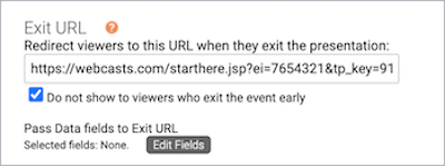 Exit URL option directs to the Live event with Do not show to viewers who exit the event early option selected
